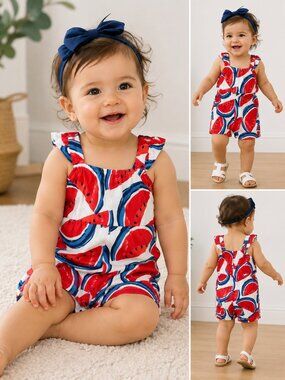 Carter’s Baby Girl 12M Watermelon Romper Red White Blue Cotton Summer One Piece